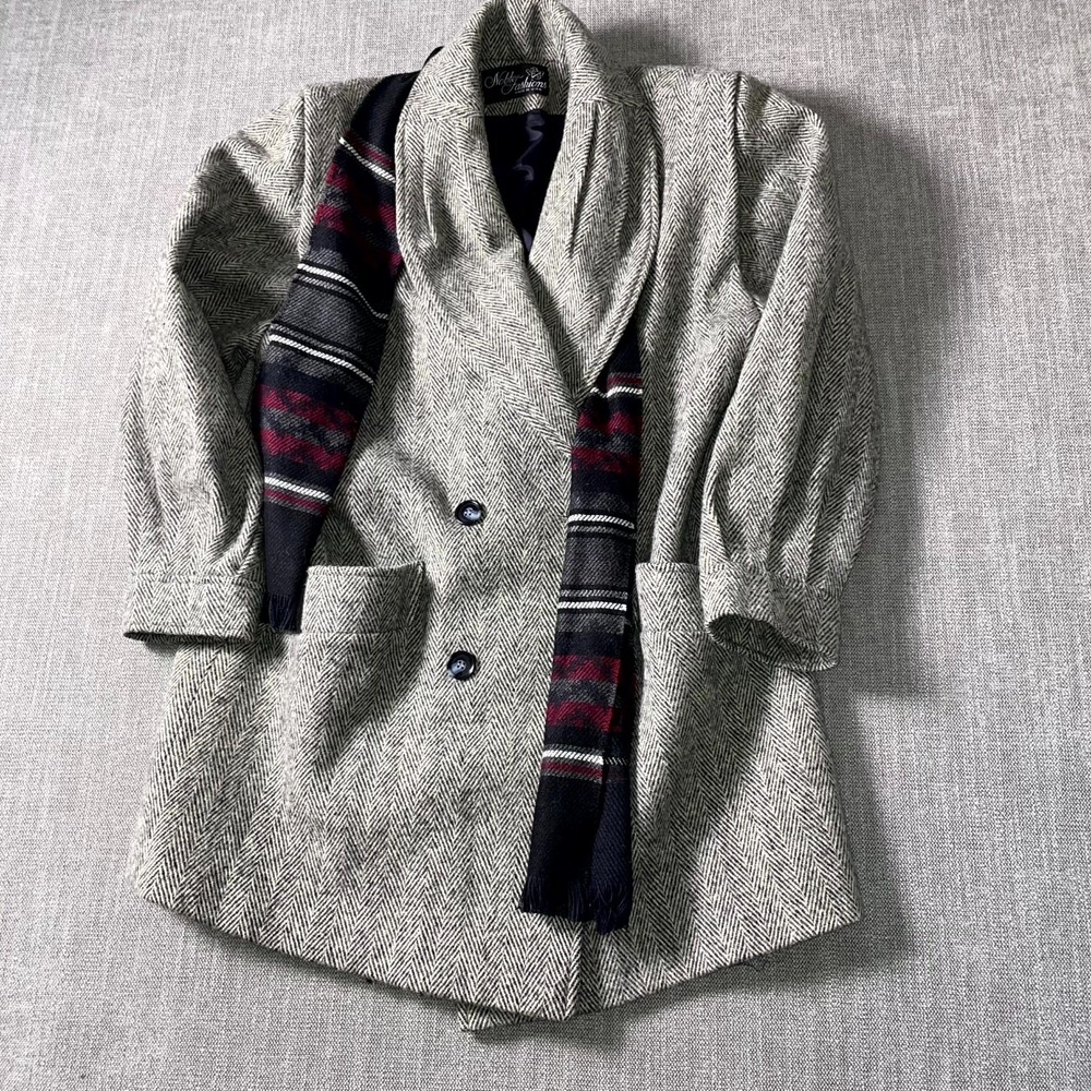 Vintage Noble Fashions Pea Coat Womens Gray Herringbone‎ Double Breasted W/Scarf